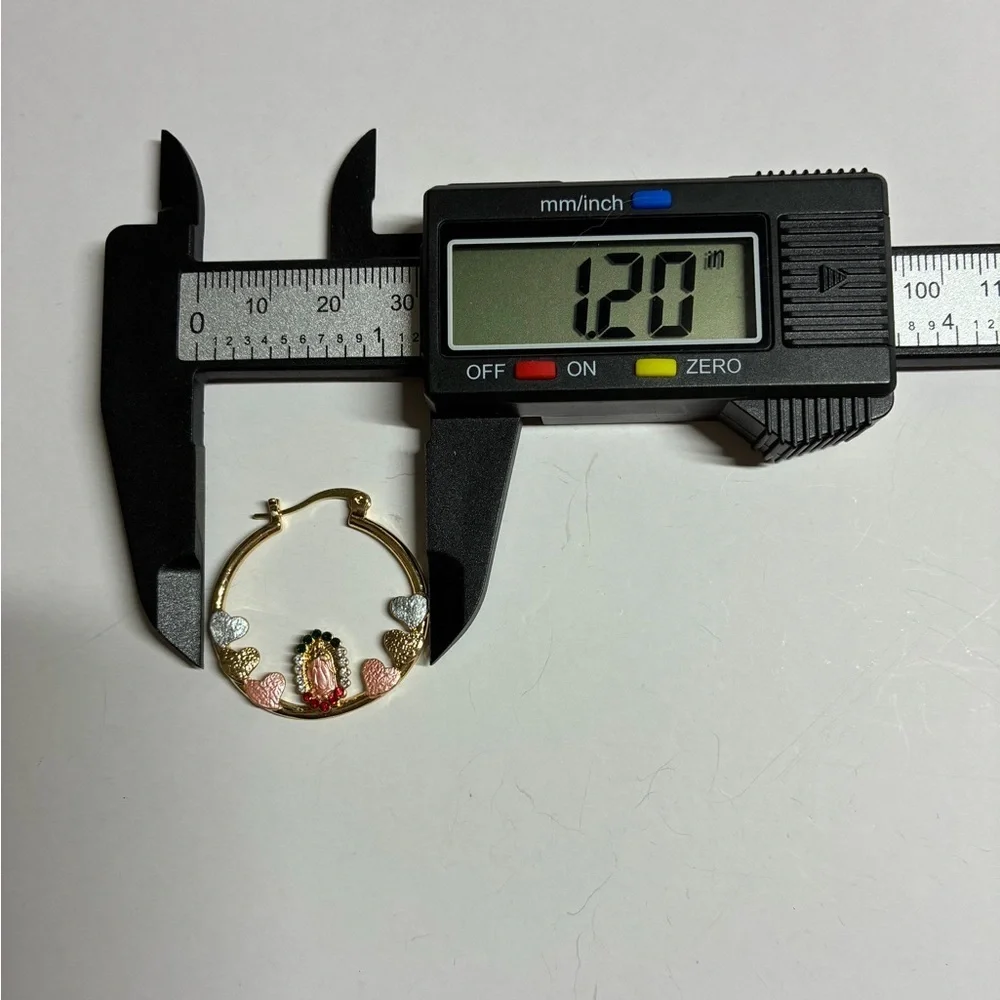14K Gold Virgin Mary Hoop Earrings with Pink & Multicolor Heart Accents